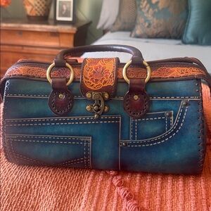 Elegant Jean Teal and Brown Handbag